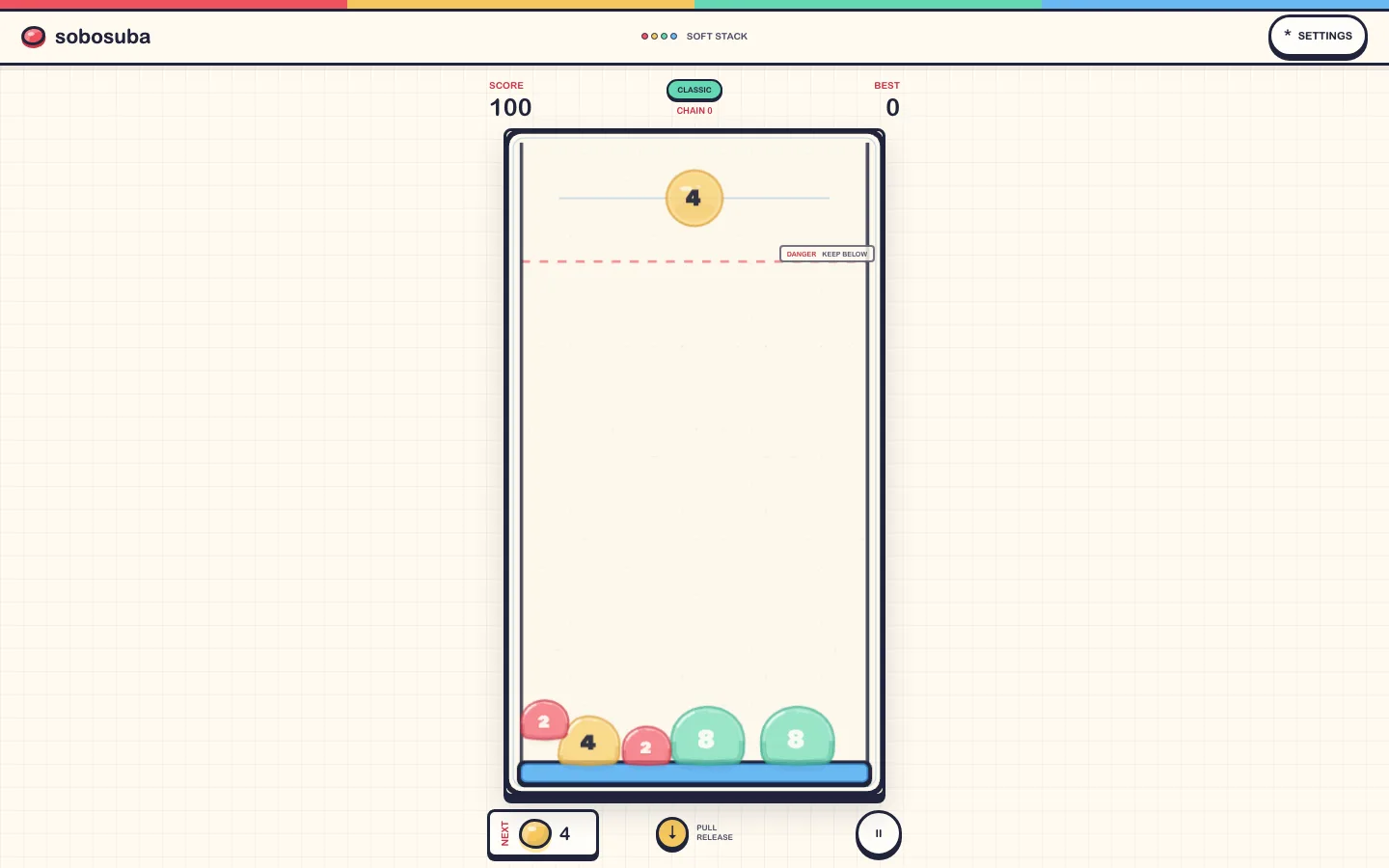 A mid-game sobosuba pile with several values arranged below the danger line